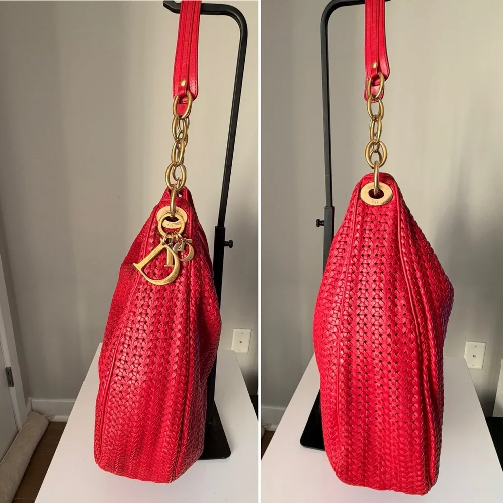 Christian Dior Avenue Woven Leather Tote Red with Gold Tone Hardware